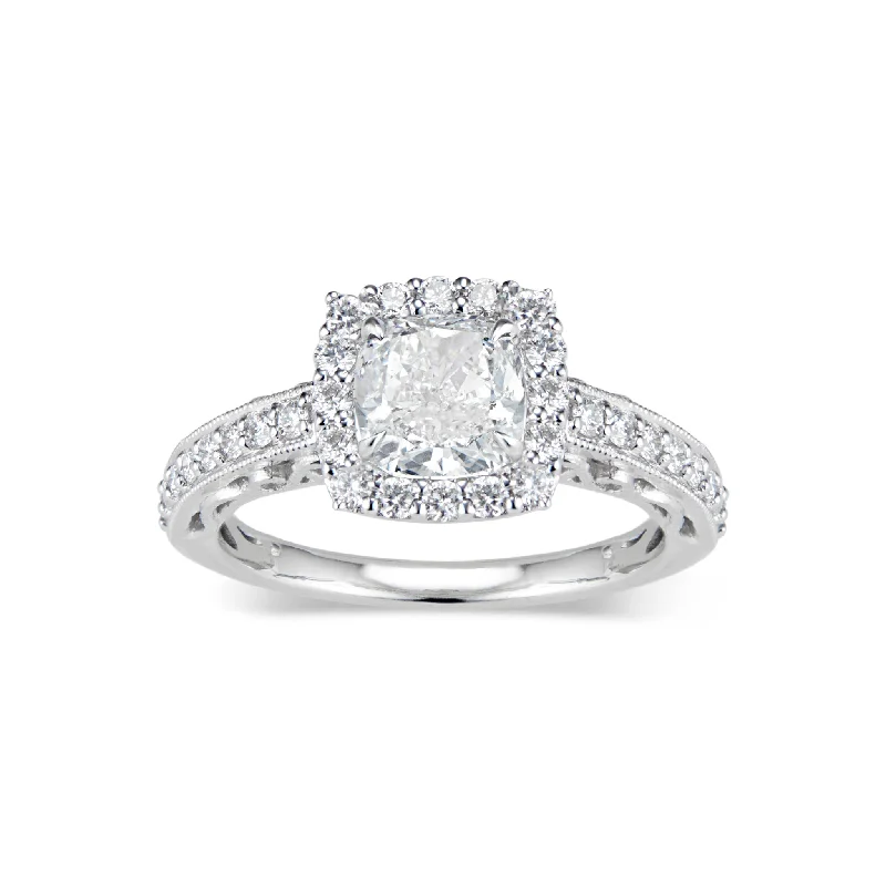 women's custom diamond engagement rings-Cushion Halo Diamond Engagement Ring with Milgrain