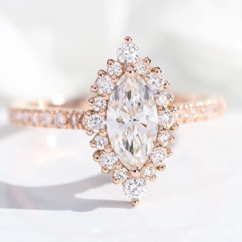 women's vintage-inspired engagement rings-Marquise Lab Diamond Ring Pave Band w/ Natural Diamonds in Tiara Halo Ring