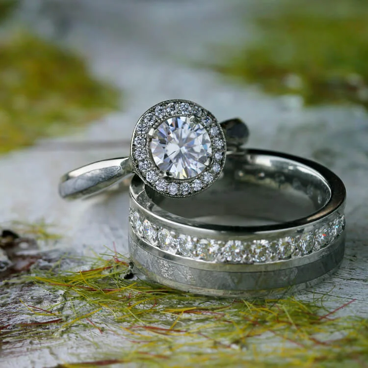 women's vintage diamond engagement rings-Meteorite Wedding Ring Set, Halo Engagement Ring With Eternity Band