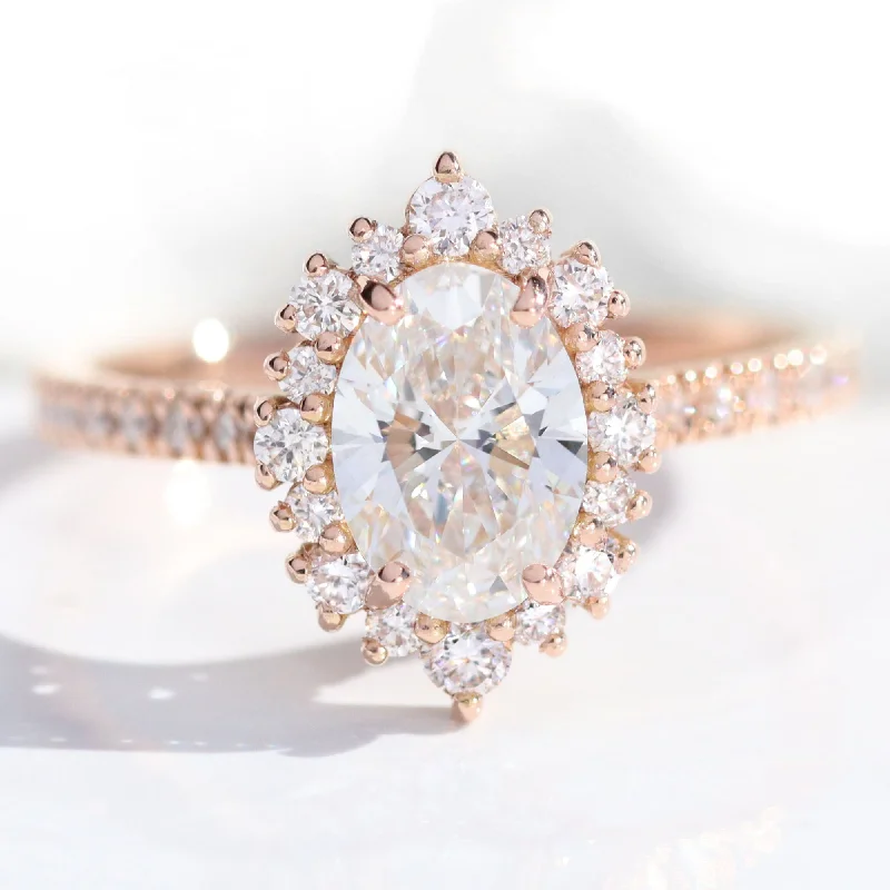 women's colored diamond engagement rings-Oval Lab Diamond Ring Pave Band w/ Natural Diamonds in Tiara Halo Ring