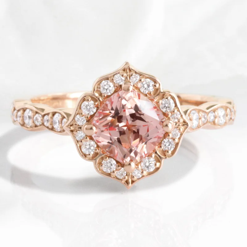 women's bridal rings with diamonds-Peach Sapphire Halo Diamond Ring in 14k Rose Gold Vintage Floral Band Size 6.5