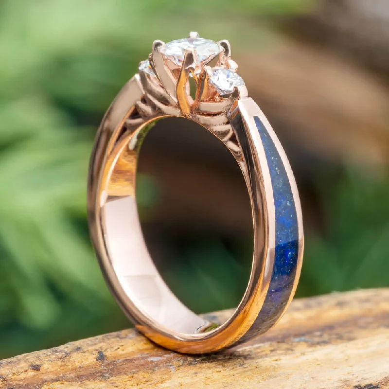 women's affordable engagement rings-Lapis Lazuli & Moissanite Three Stone Engagement Ring