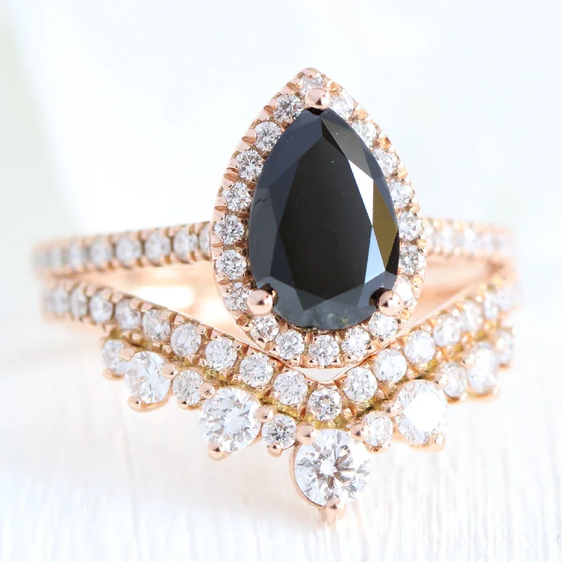 women's diamond engagement rings with bands-Luna Halo Pear Black Diamond Ring Set w/ V Shaped Large Tiara Diamond Wedding Band