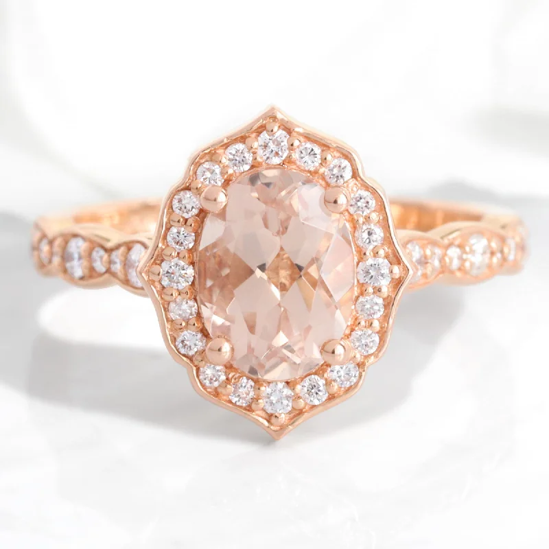 women's rose gold engagement rings-Oval Morganite and Diamond Ring in Vintage Floral Scalloped Band