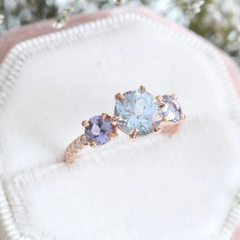 women's platinum engagement rings-Aqua Blue Sapphire Engagement Ring in 14k Rose Gold 3 Stone Diamond Ring, Size 6.25