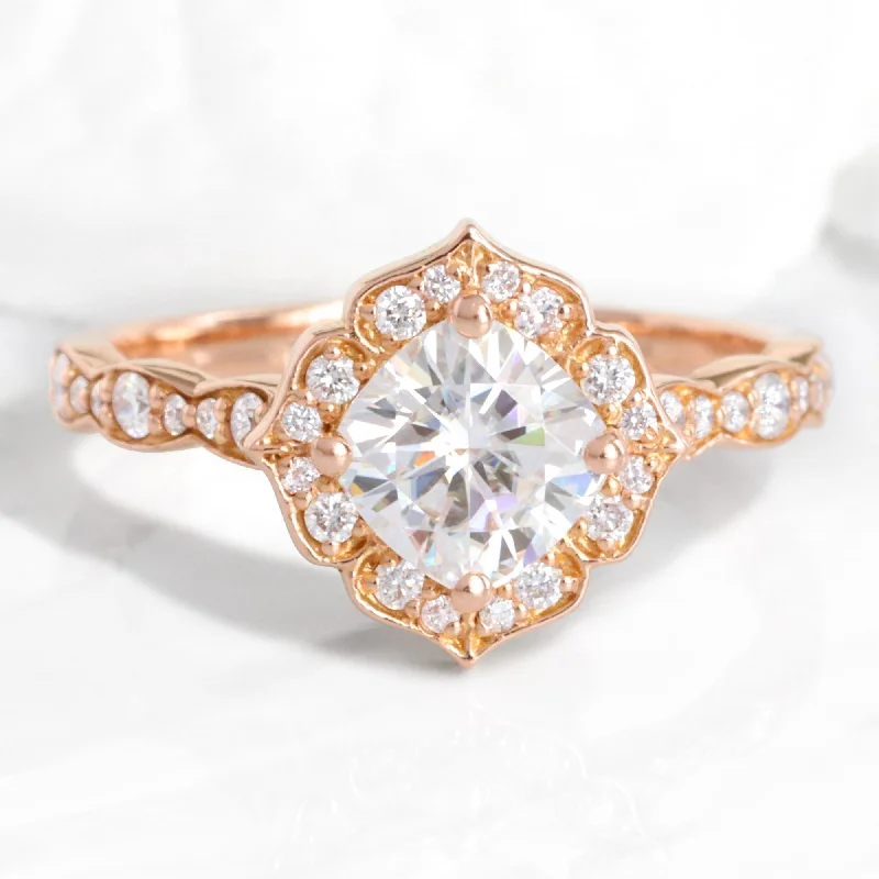 women's modern halo engagement rings-Cushion Moissanite Diamond Ring in Mini Vintage Floral Band