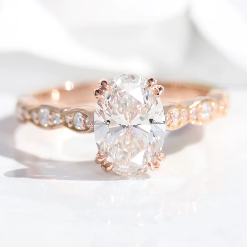 women's luxury diamond engagement rings-1.70 Ctw Oval Lab Diamond Ring w/ Natural Diamonds in Solitaire Scalloped Band