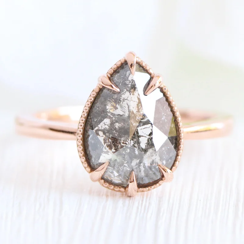 women's personalized engagement rings-1.86 Ct Pear Salt and Pepper Diamond Ring in 14k Rose Gold Vintage Solitaire Ring, Size 6.5