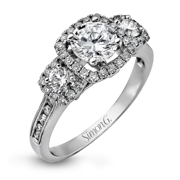 women's platinum diamond engagement rings-18K 3-stone with Diamond halo Engagement Ring