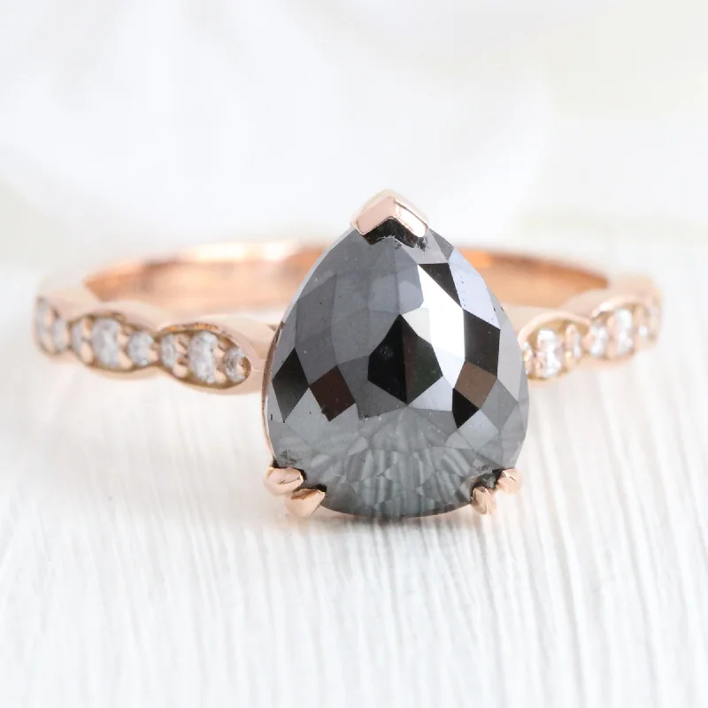 women's diamond wedding and engagement rings-2.82 Ct Pear Rose Cut Black Diamond Ring in 14k Rose Gold Solitaire Scalloped Band, Size 6.75