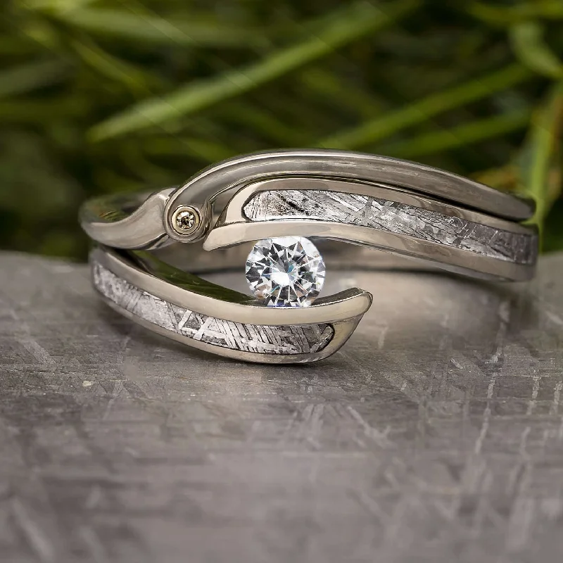 women's diamond engagement rings with bands-Tension Set Meteorite Engagement Ring & Matching Band