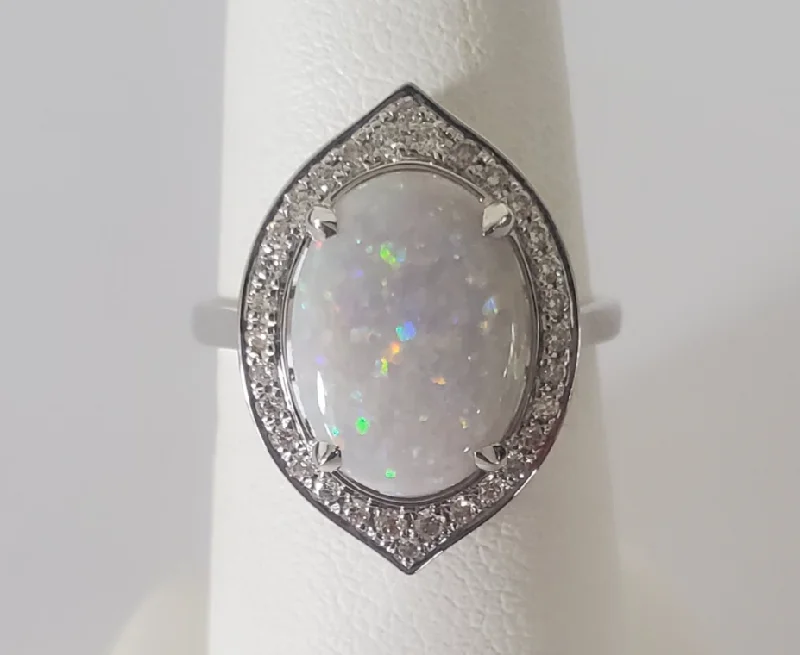 women's twist design engagement rings-14kt White Gold Opal and Diamond Ring