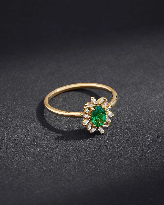 women's antique engagement rings-One of a Kind Oval Cut Emerald and Baguette Diamond Ring