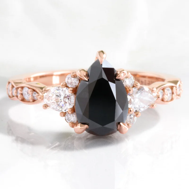 women's commitment rings for women-2.2 Ct. Pear Black Diamond Ring in Dahlia 3 Stone Diamond Band