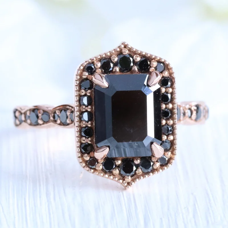 women's modern diamond engagement rings-Emerald Cut ALL Black Diamond Ring in 14k Rose Gold Vintage Floral Ring, Size 6.25