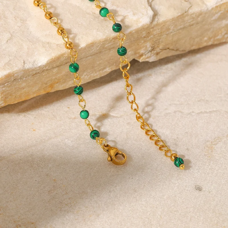 women's custom charm bracelets-Women's Fashion Green Malachite Round Beads 18k Gold Geometric Stainless Steel Bracelet