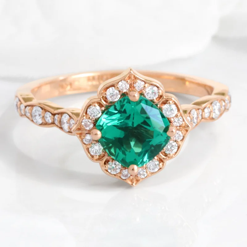 women's heirloom engagement rings-Emerald Diamond Engagement Ring in Mini Vintage Floral Scalloped Band