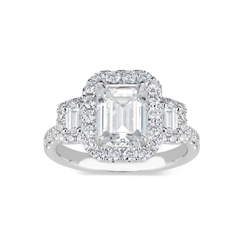 women's rose gold engagement rings-Three-Stone Emerald-Cut Diamond Engagement Ring