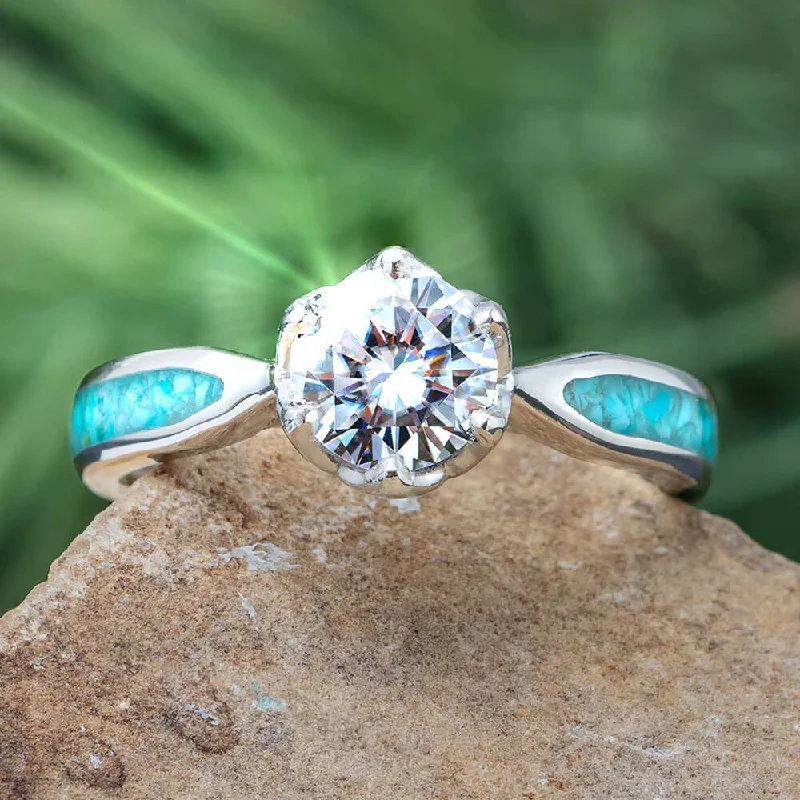 women's double halo engagement rings-Moissanite Platinum Engagement Ring with Crushed Turquoise