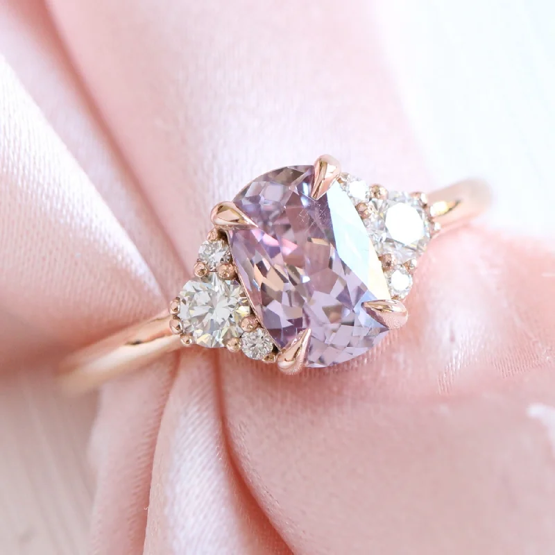 women's gold engagement rings-1.74 Ct. Cushion Lavender Sapphire Ring in 14k Rose Gold 3 Stone Diamond Ring, Size 6.25