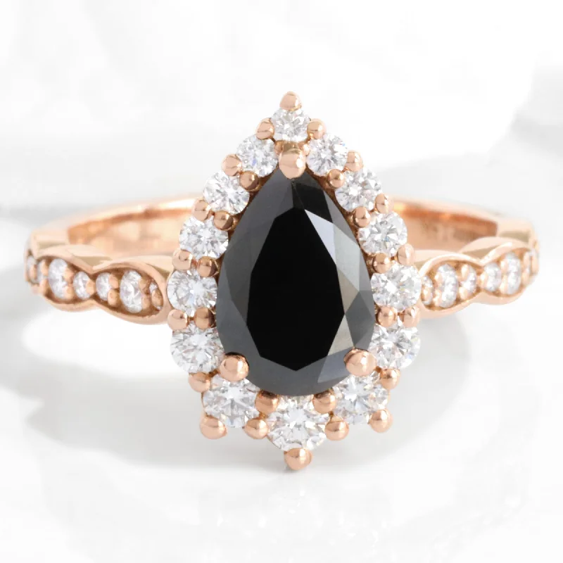 women's platinum solitaire diamond engagement rings-Large Pear Black Diamond Ring in Tiara Halo Diamond Scalloped Band