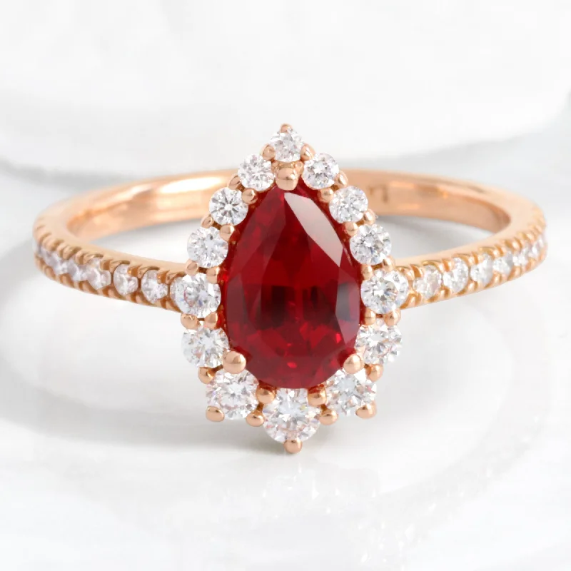 women's double halo engagement rings-Pear Ruby Engagement Ring in Tiara Halo Diamond Pave Band