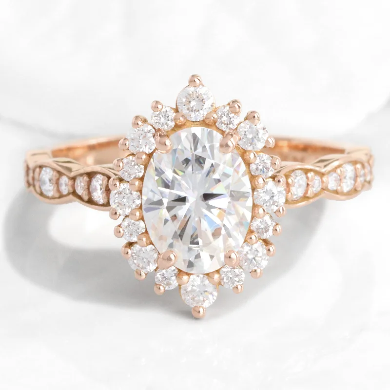 women's split shank engagement rings-Oval Moissanite Engagement Ring in Tiara Halo Diamond Scalloped Band