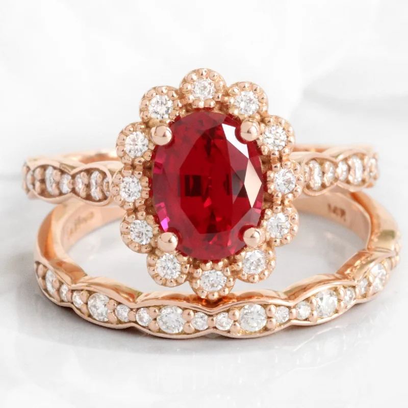 women's ethically sourced engagement rings-Oval Ruby Diamond Ring Bridal Set w/ Matching Wedding Band in Vintage Luna Halo