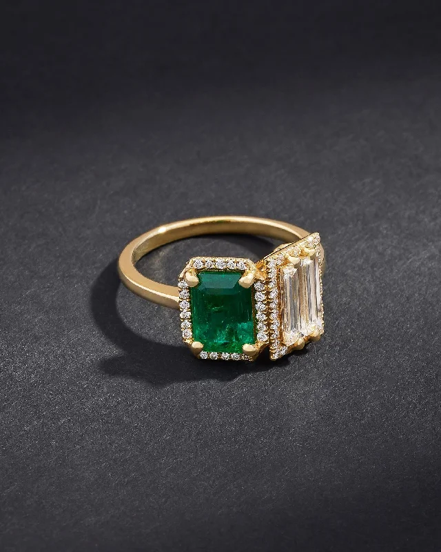 women's white gold engagement rings-One of a Kind Toi et Moi Emerald & Double Baguette Diamond Ring