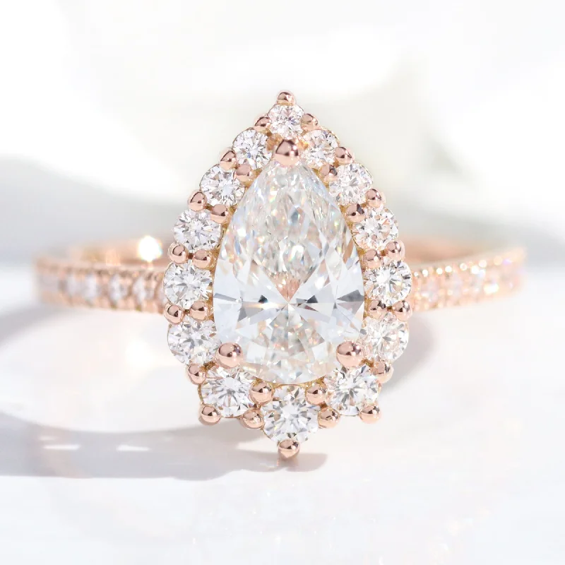 women's nature-inspired engagement rings-Pear Lab Diamond Ring Pave Band w/ Natural Diamonds in Tiara Halo Ring