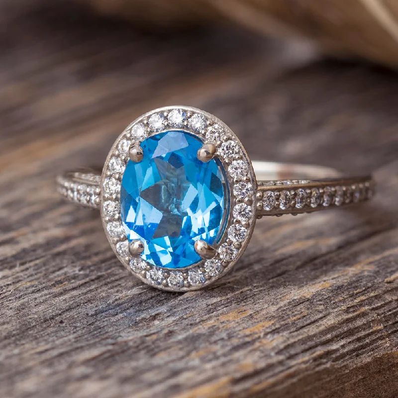 women's antique engagement rings-Swiss Blue Topaz Engagement Ring with Diamond Halo