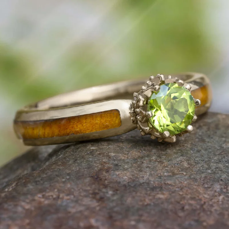 women's custom diamond engagement rings-Peridot Engagement Ring with Diamond Lotus and Black Ash Burl Wood