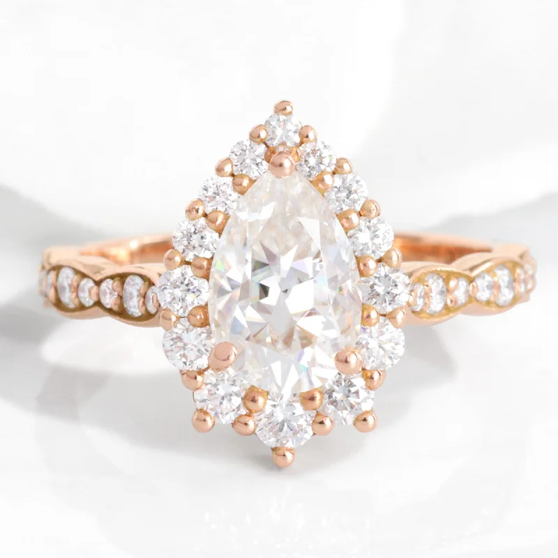 women's halo engagement rings-Large Pear Moissanite Engagement Ring in Tiara Halo Diamond Scalloped Band