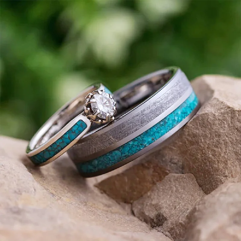 women's antique engagement rings-Turquoise Wedding Ring Set, Floral Engagement Ring With Meteorite Wedding Band