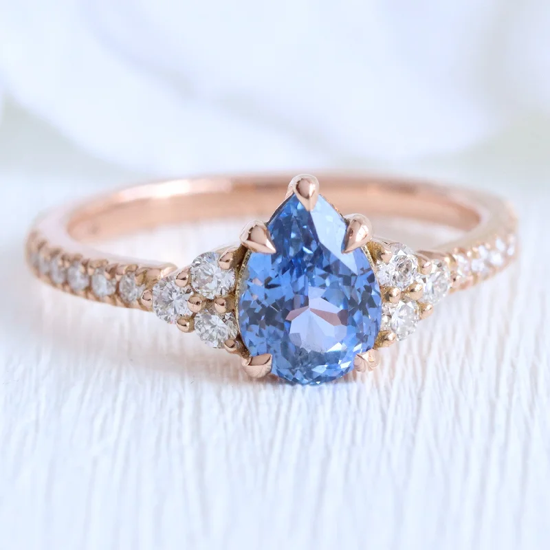 women's commitment rings for women-1.78 Ct Pear Ceylon Blue Sapphire Ring in 14k Rose Gold 3 Stone Diamond Ring, Size 6.5