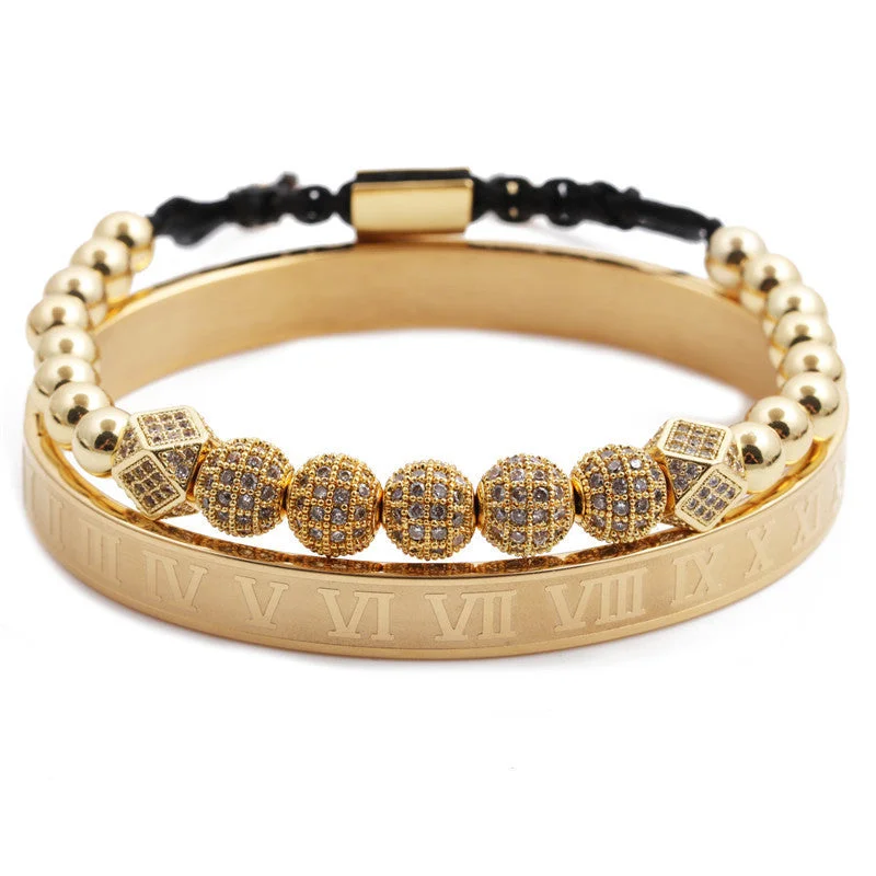 Rhinestone Ball + Three Cut Yuan + Roman Bracelet Gold