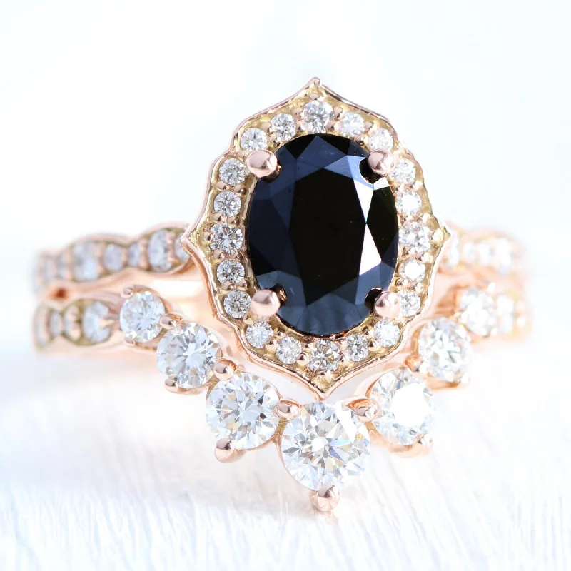 women's simple diamond engagement rings-Vintage Floral Black Diamond Ring Set w/ Large 7 Diamond Curved Scalloped Band