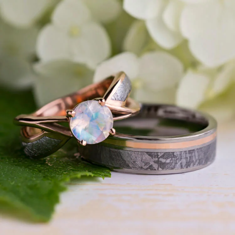 women's diamond engagement rings-Meteorite Wedding Ring Set With Moonstone Engagement Ring