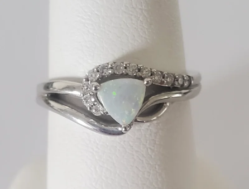 women's princess cut diamond engagement rings-14kt White Gold Trillion Opal and Diamond Ring