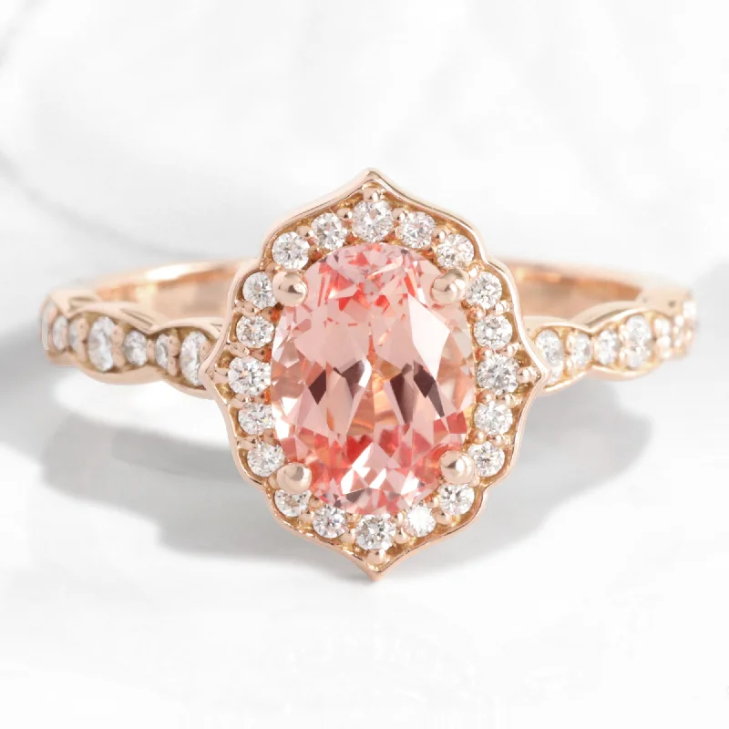 women's alternative engagement rings-Oval Peach Sapphire Diamond Ring in 14k Rose Gold Vintage Floral Band Size 6.25