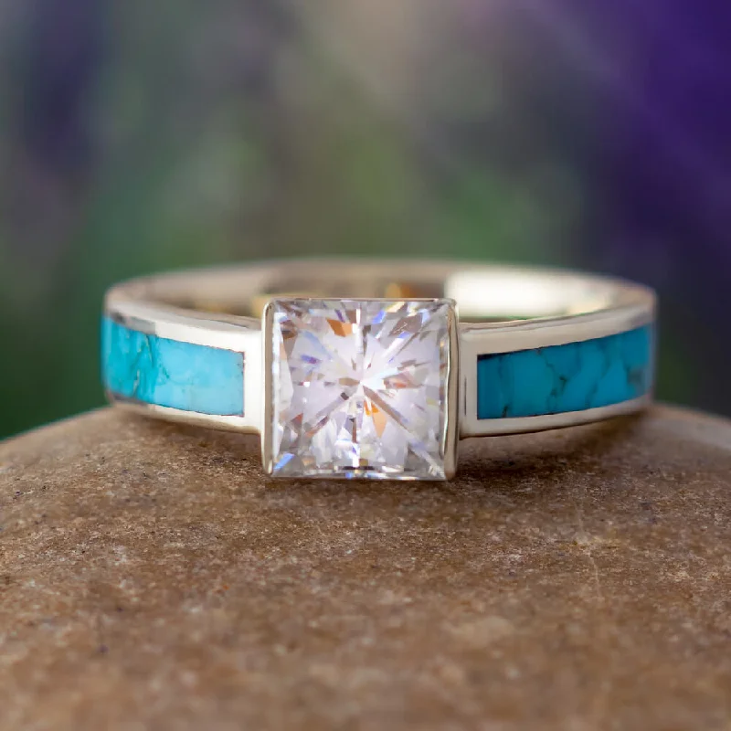 women's white gold engagement rings-Princess Cut Engagement Ring With Kingman Turquoise