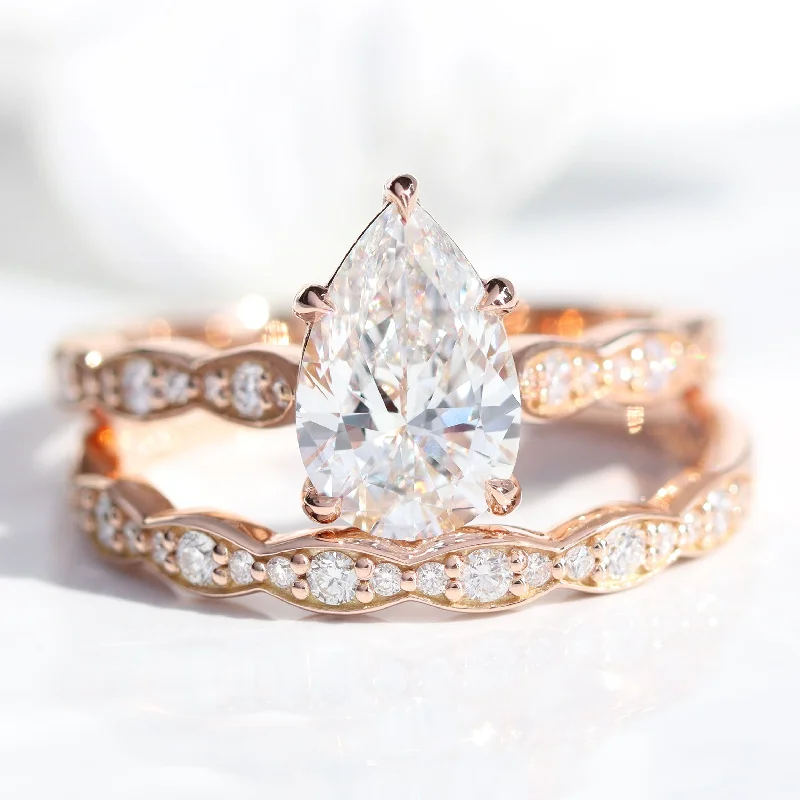 women's engagement rings with halo setting-1.98 Ctw Pear Diamond Ring Stack w/ Lab Diamond and Matching Wedding Band