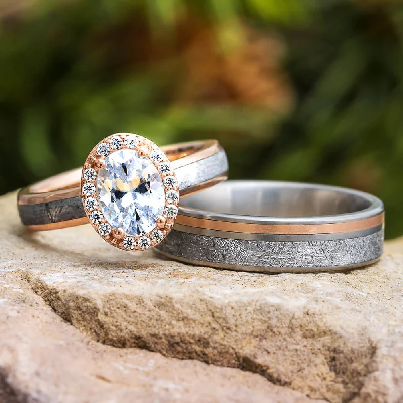 women's antique-style engagement rings-Meteorite and Gold Wedding Ring Set with Oval Halo Engagement Ring