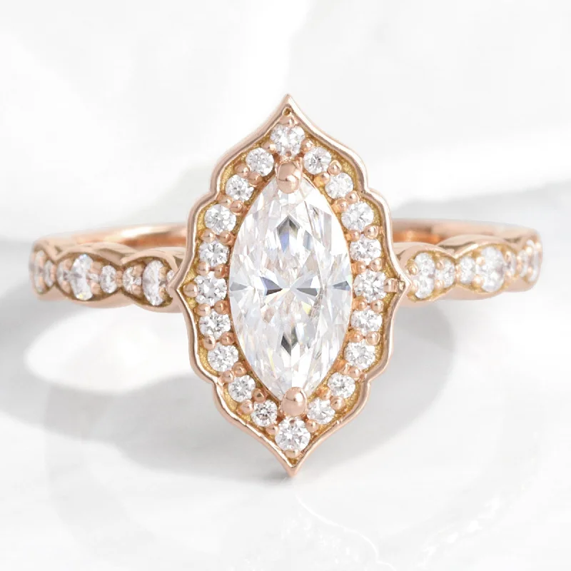 women's luxurious princess cut engagement rings-Marquise Moissanite Engagement Ring in Vintage Floral Diamond Band