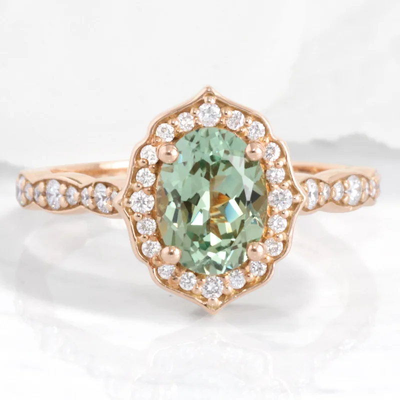 women's forever diamond engagement rings-Oval Green Sapphire Diamond Ring in 14k Rose Gold Vintage Floral Ring Size 6.25