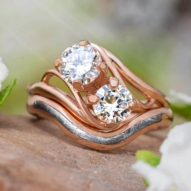 women's simple diamond engagement rings-Double Diamond Ring With Matching Meteorite Band