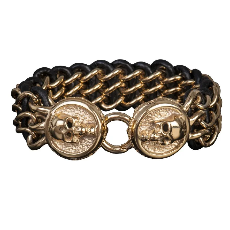 women's double bangle bracelets-Men's Leather Yellow Gold Skull Bracelet