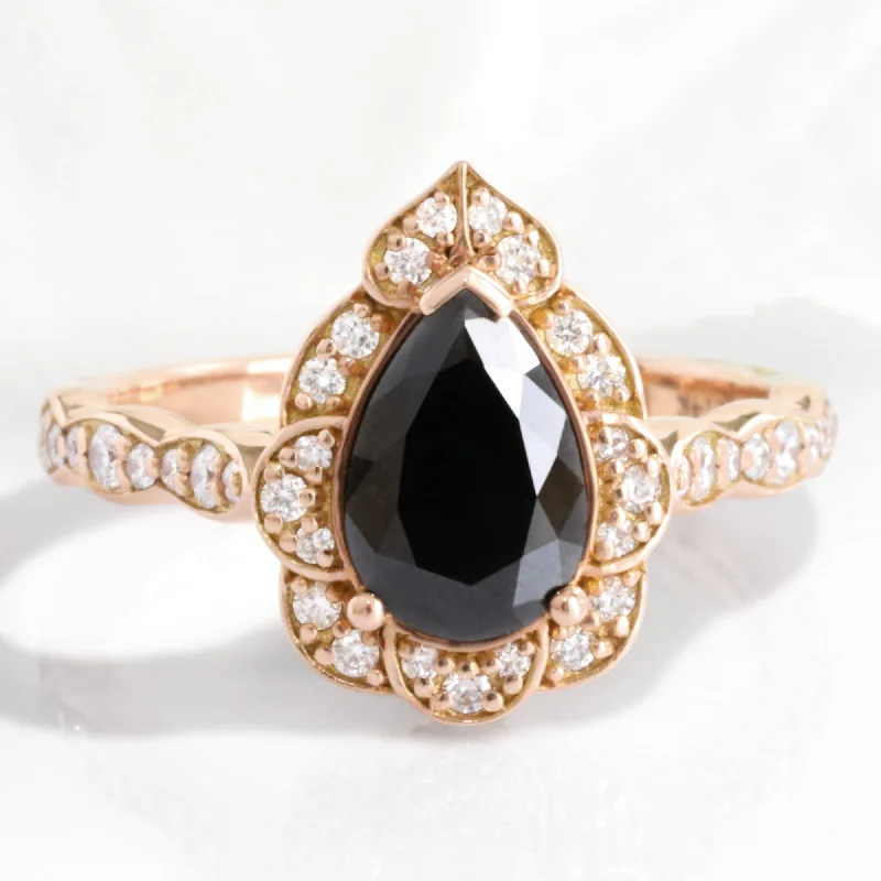 women's antique-style engagement rings-Large Pear Black Diamond Ring in Vintage Floral Scalloped Band