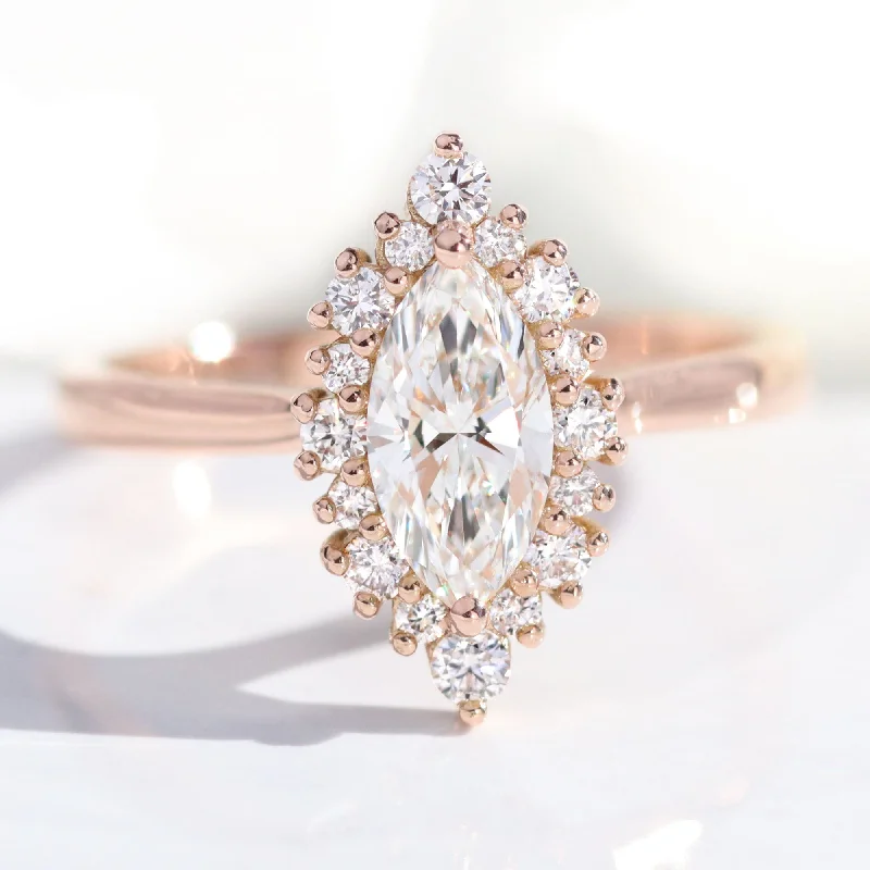 women's cushion-shaped engagement rings-Marquise Cut Lab Diamond Ring w/ Natural Diamonds in Tiara Halo Ring