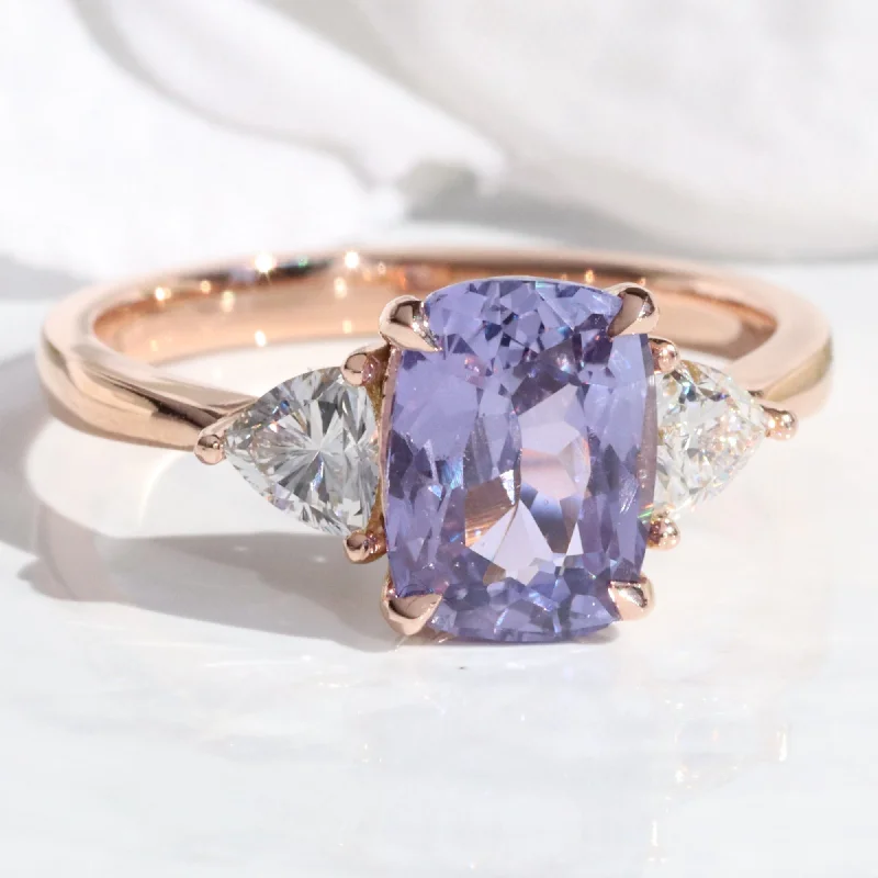 women's affordable engagement rings-2.95 Ct Cushion Purple Sapphire Ring in 14k Rose Gold 3 Stone Diamond Ring, Size 6.5